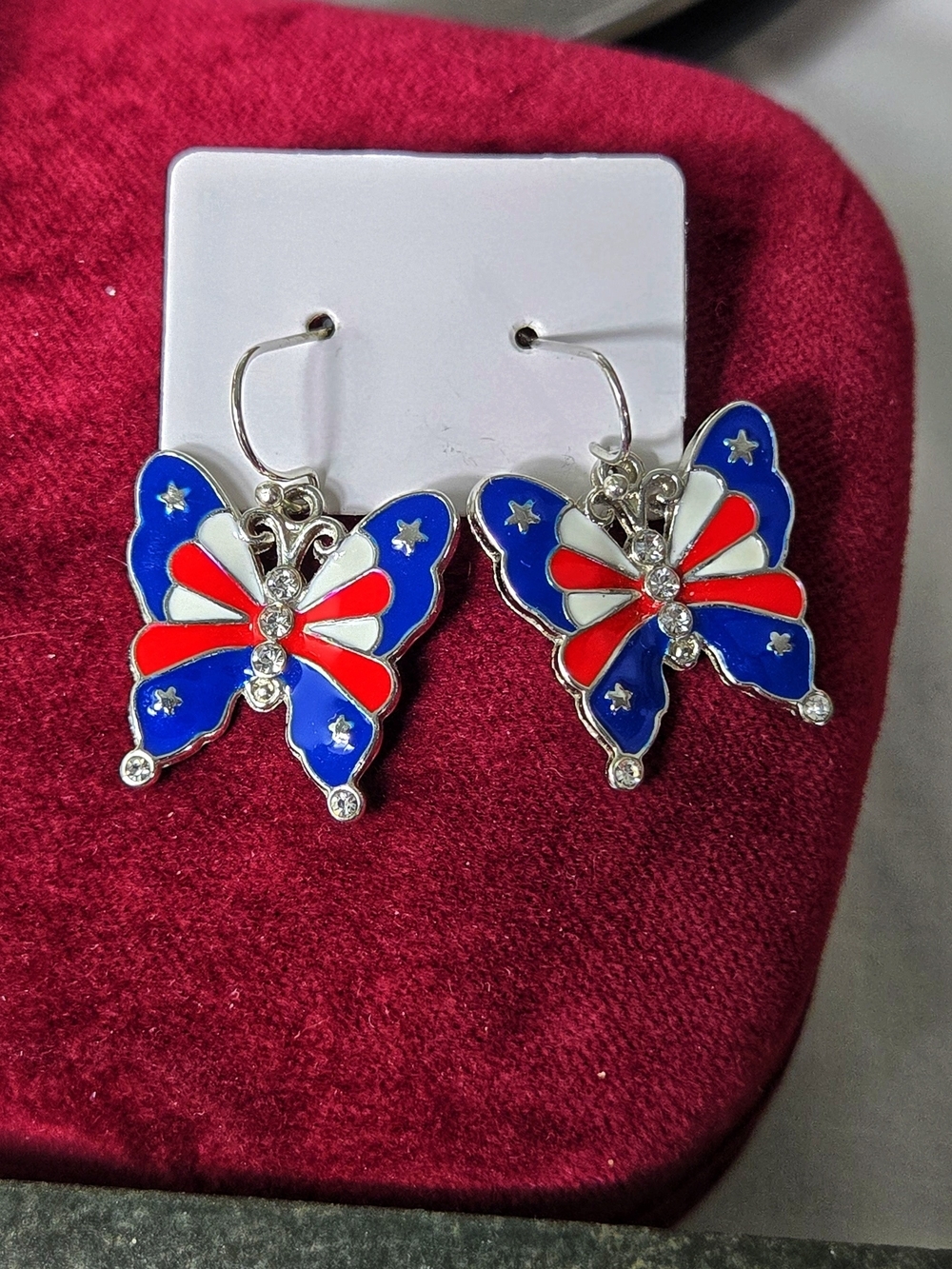 Patriotic Butterfly Dangle Earrings - Red, White & Blue